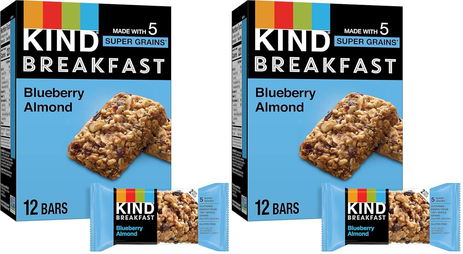 image:imageKIND Breakfast Bars Blueberry Almond Healthy Snacks Gluten Free 100 Whole Grains 3g Protein 6 CountBlueberry Almond