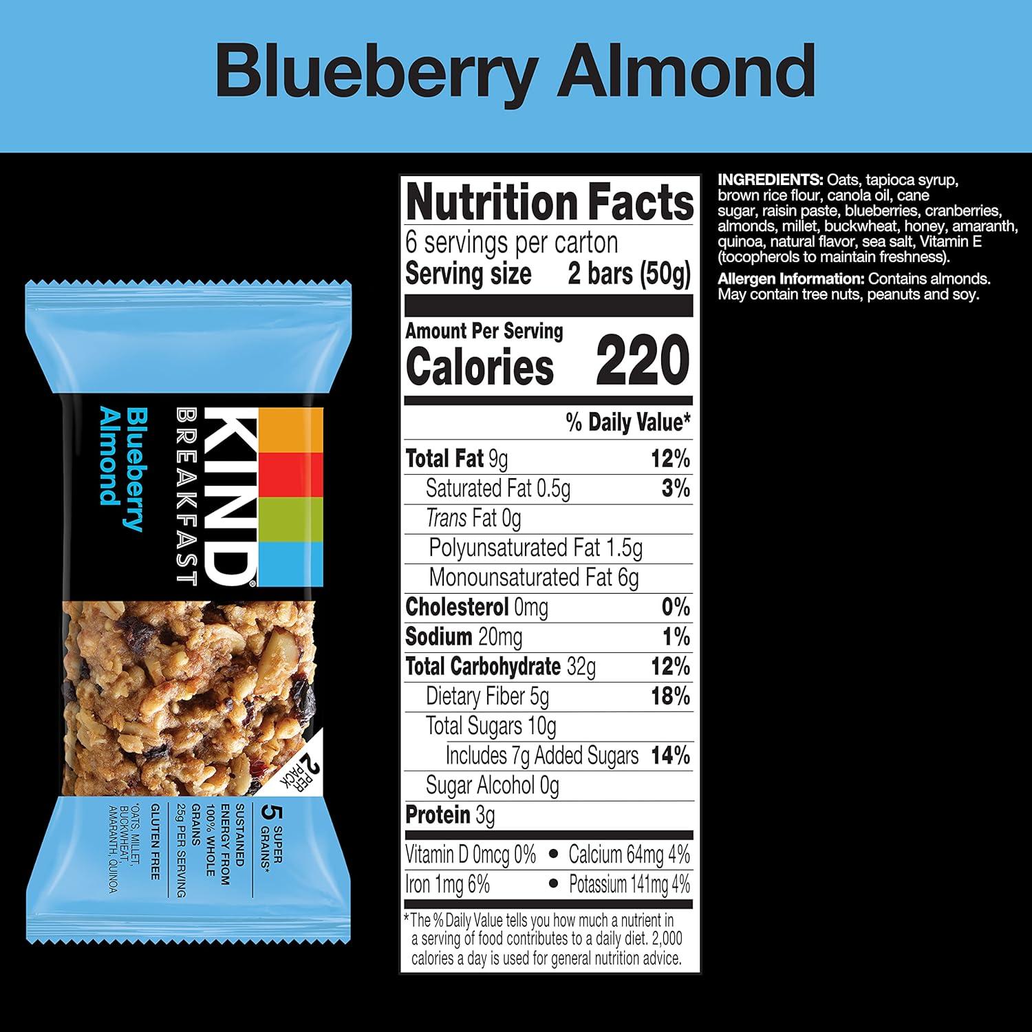 image:imageKIND Breakfast Bars Blueberry Almond Healthy Snacks Gluten Free 100 Whole Grains 3g Protein 6 CountBlueberry Almond