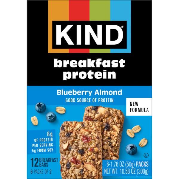 image:imageKIND Breakfast Protein Bars Caramel Peanut Gluten Free Low Sodium Healthy Snacks 8g Protein 30 Count 30 Packs of 2 BarsBlueberry Almond