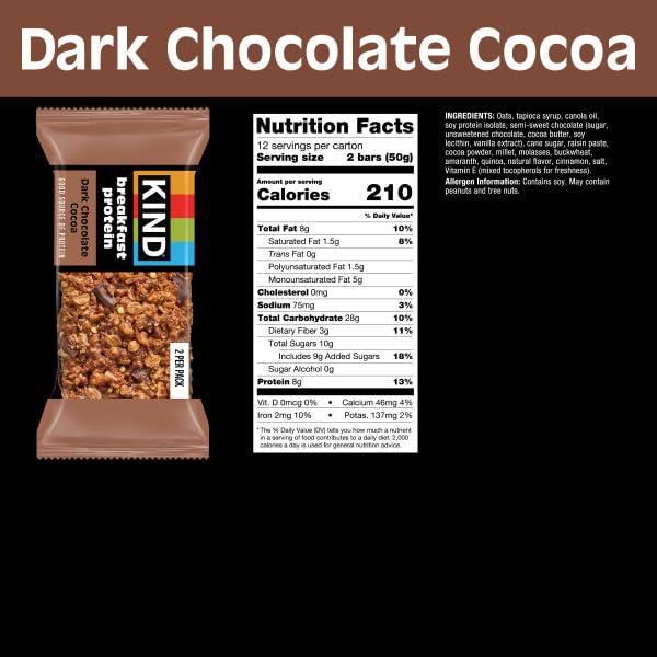 image:imageKIND Breakfast Protein Bars Dark Chocolate Cocoa Gluten Free Low Sodium Healthy Snacks 8g Protein 12 Count 12 Packs of 2 BarsDark Chocolate Cocoa