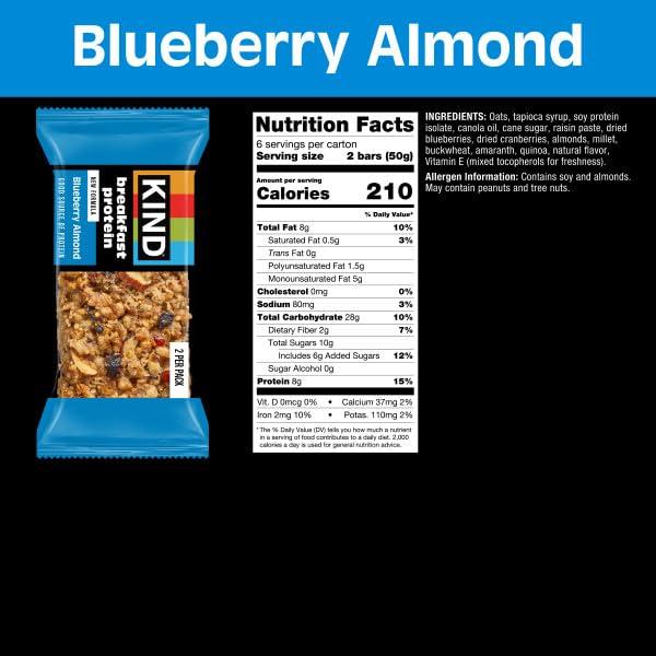 image:imageKIND Breakfast Protein Bars Dark Chocolate Cocoa Gluten Free Low Sodium Healthy Snacks 8g Protein 6 Count 6 Packs of 2 BarsBlueberry Almond