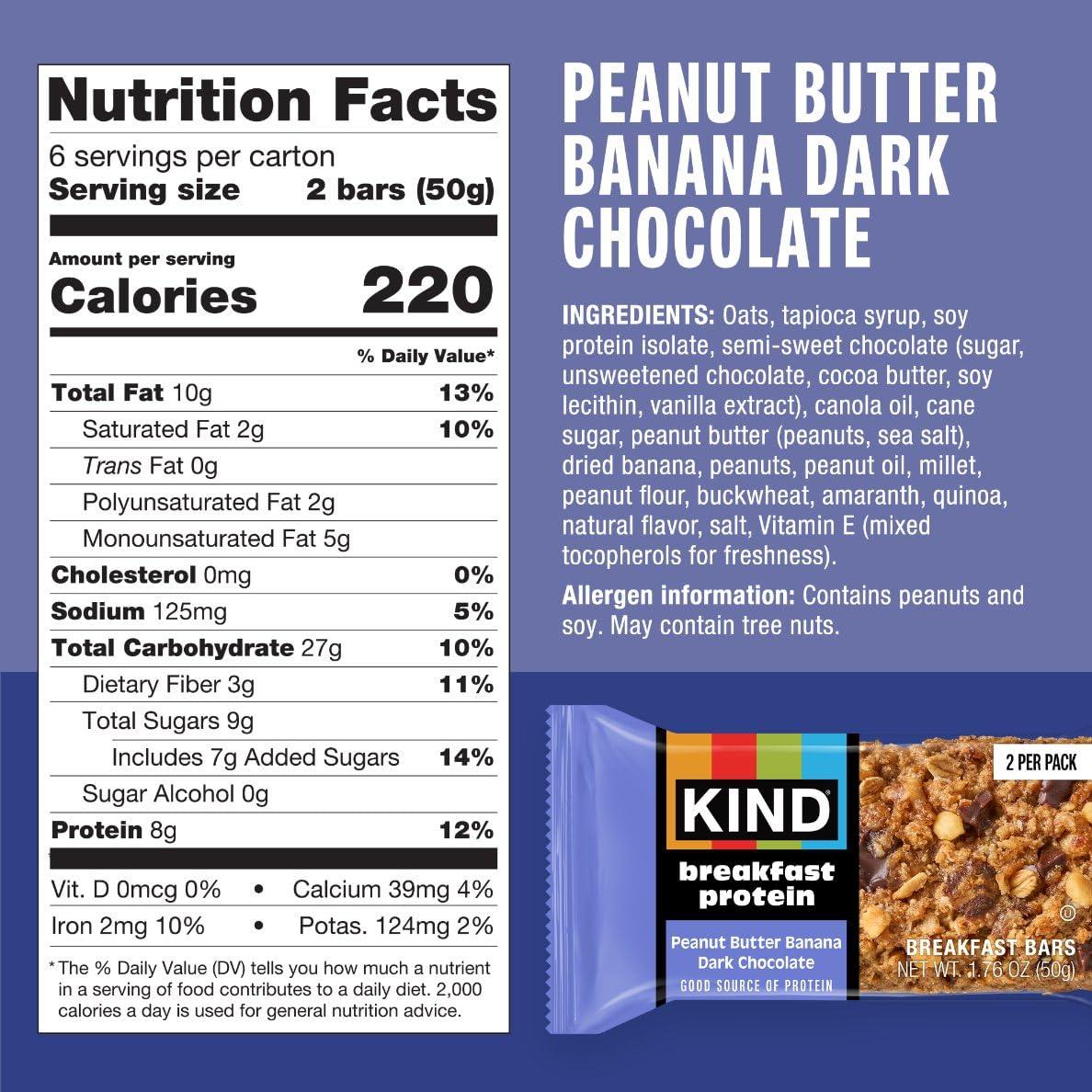 image:imageKIND Breakfast Protein Bars Dark Chocolate Cocoa Gluten Free Low Sodium Healthy Snacks 8g Protein 6 Count 6 Packs of 2 BarsPeanut Butter Banana Dark Chocolate