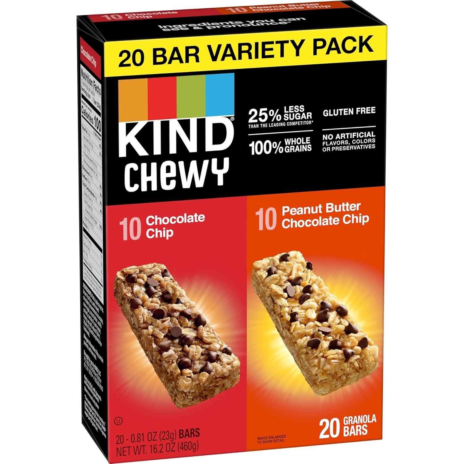 image:imageKIND Chewy Granola Bars Variety Pack Gluten Free Low Calorie Healthy Snacks Chocolate Chip Peanut Butter Chocolate Chip 20 CountChocolate Chip Peanut Butter Chocolate Chip