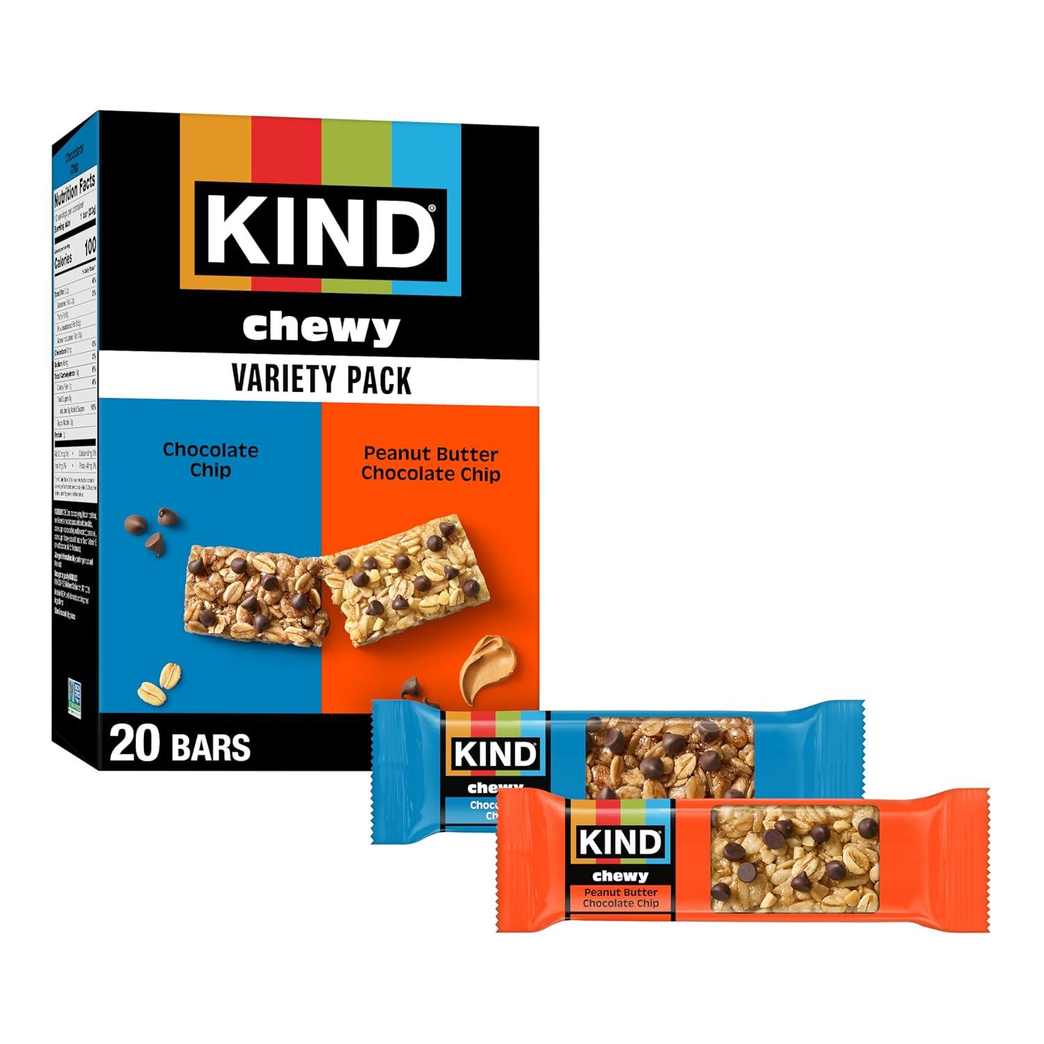 image:imageKIND Chewy Granola Bars Variety Pack Gluten Free Low Calorie Healthy Snacks Chocolate Chip Peanut Butter Chocolate Chip 20 CountChocolate Chip Peanut Butter Chocolate Chip