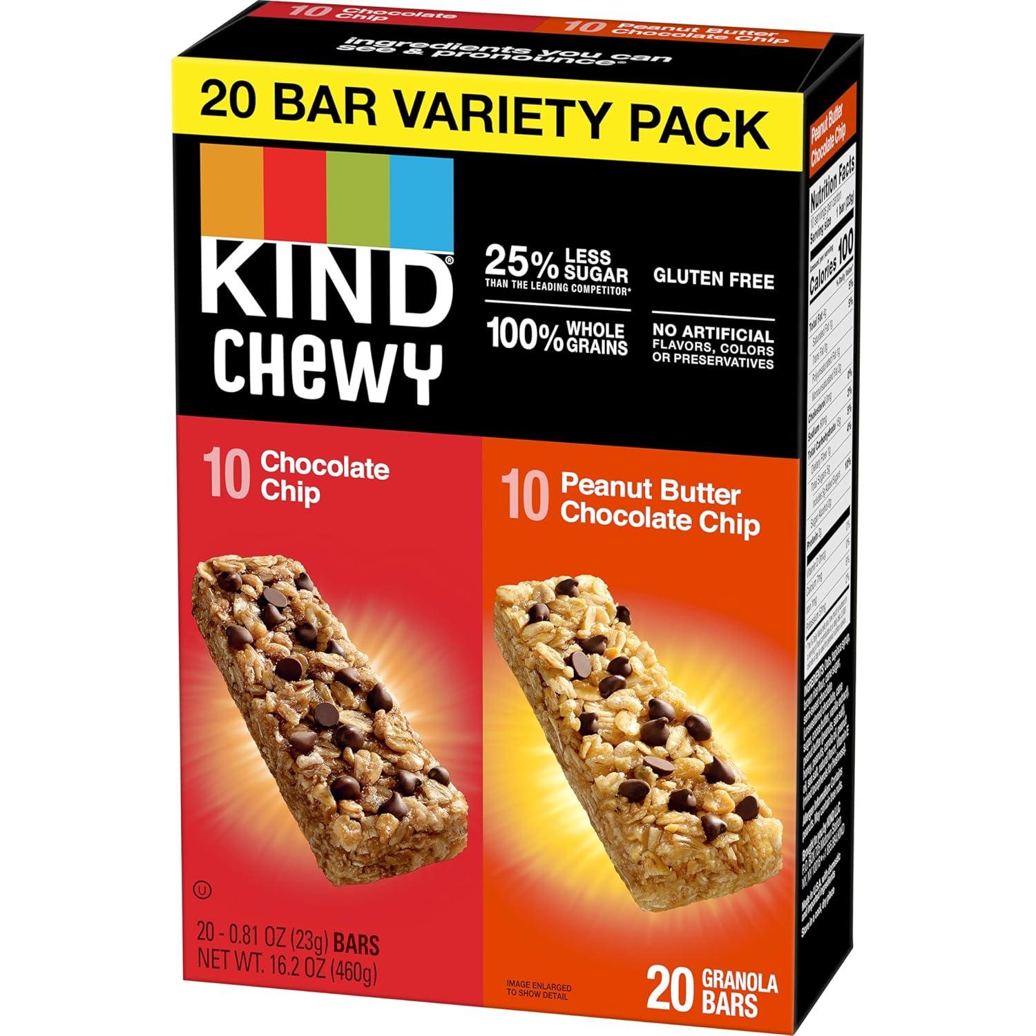 image:imageKIND Chewy Granola Bars Variety Pack Gluten Free Low Calorie Healthy Snacks Chocolate Chip Peanut Butter Chocolate Chip 20 CountChocolate Chip Peanut Butter Chocolate Chip