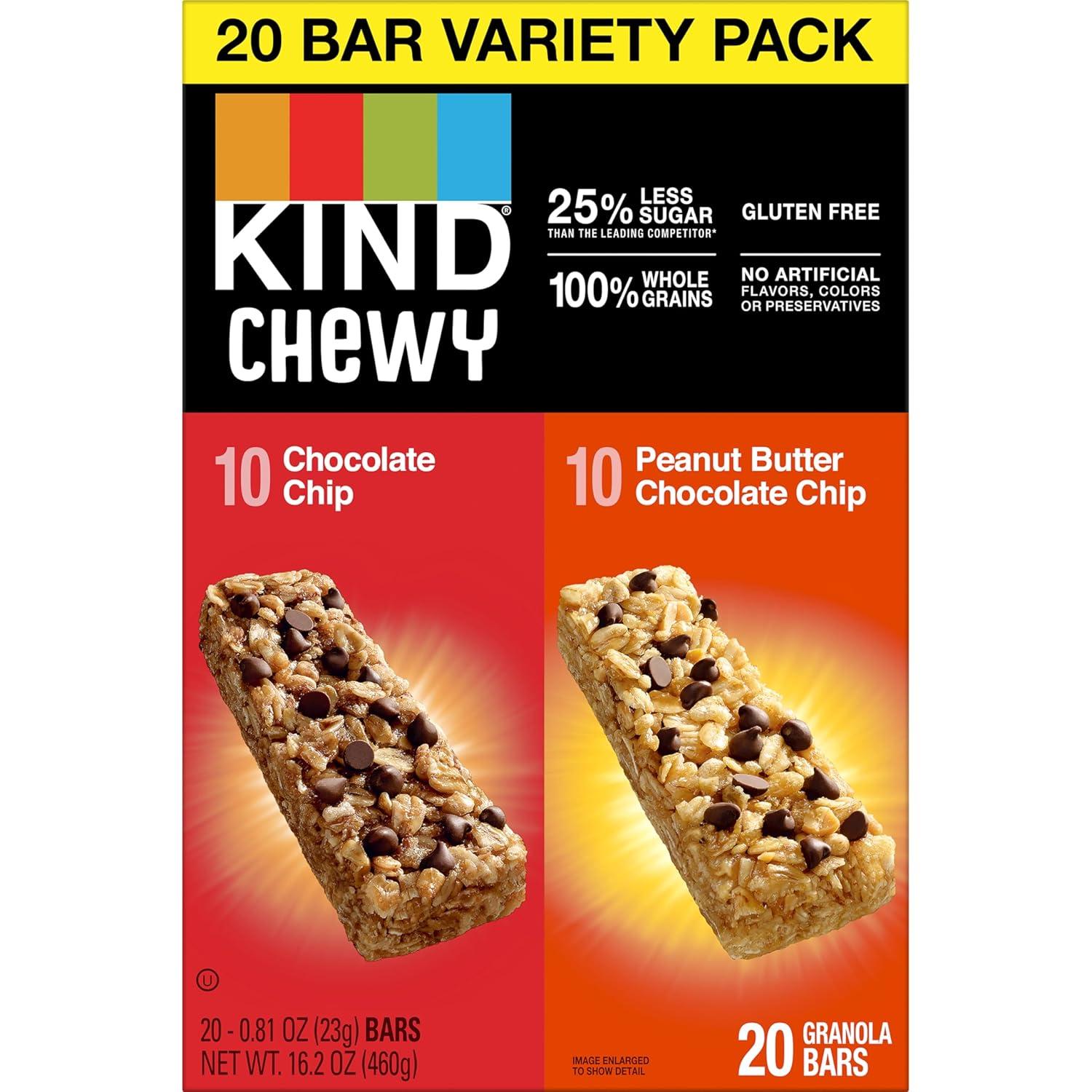 image:imageKIND Chewy Granola Bars Variety Pack Gluten Free Low Calorie Healthy Snacks Chocolate Chip Peanut Butter Chocolate Chip 20 CountChocolate Chip Peanut Butter Chocolate Chip