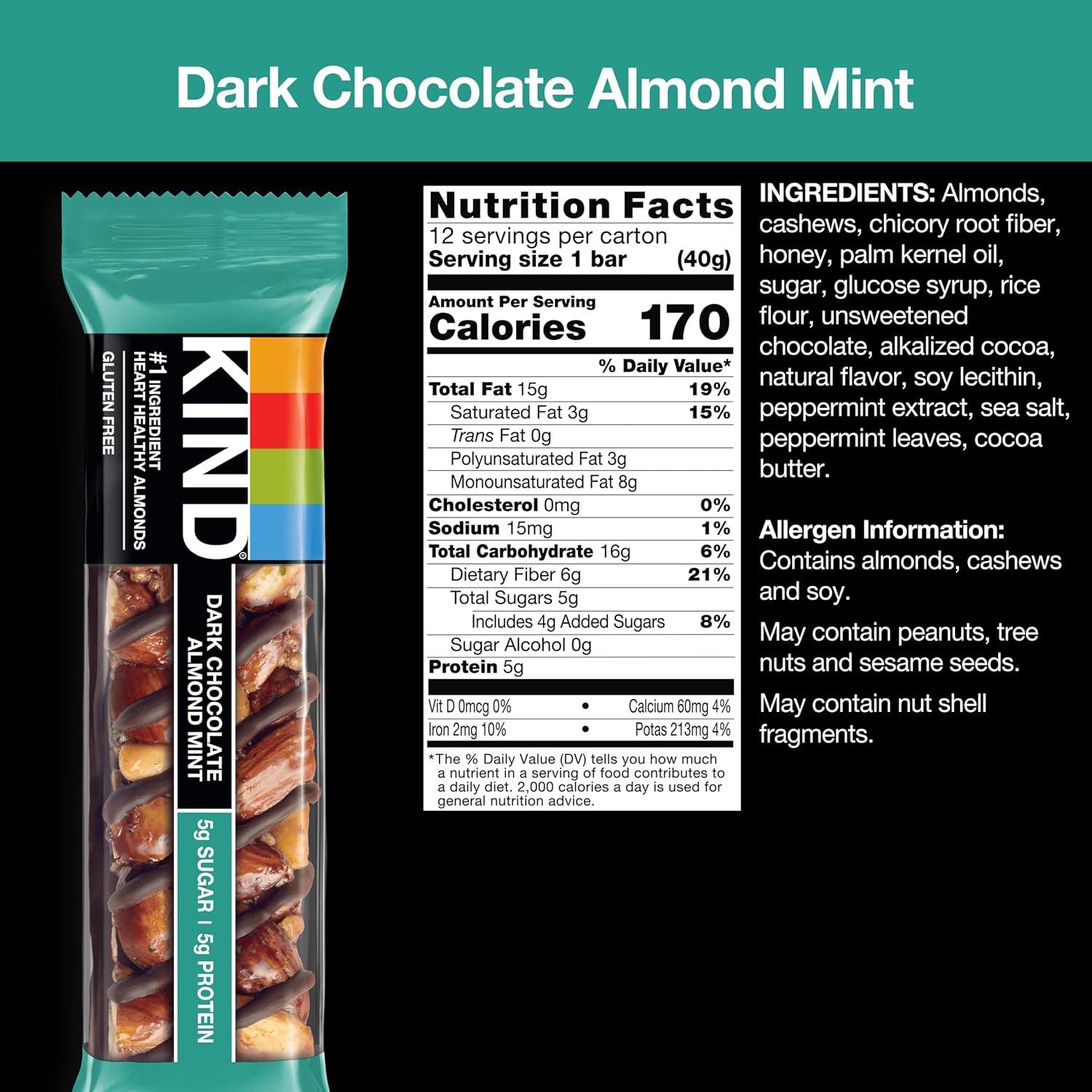 image:imageKIND Healthy Snacks Bars Dark Chocolate Almond Coconut Gluten Free High Fiber Snacks 3g Protein 12 CountDark Chocolate Almond Mint