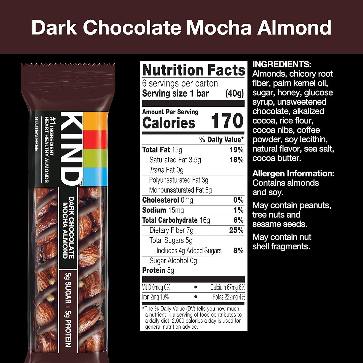 image:imageKIND Healthy Snacks Bars Dark Chocolate Almond Coconut Gluten Free High Fiber Snacks 3g Protein 12 CountDark Chocolate Mocha Almond