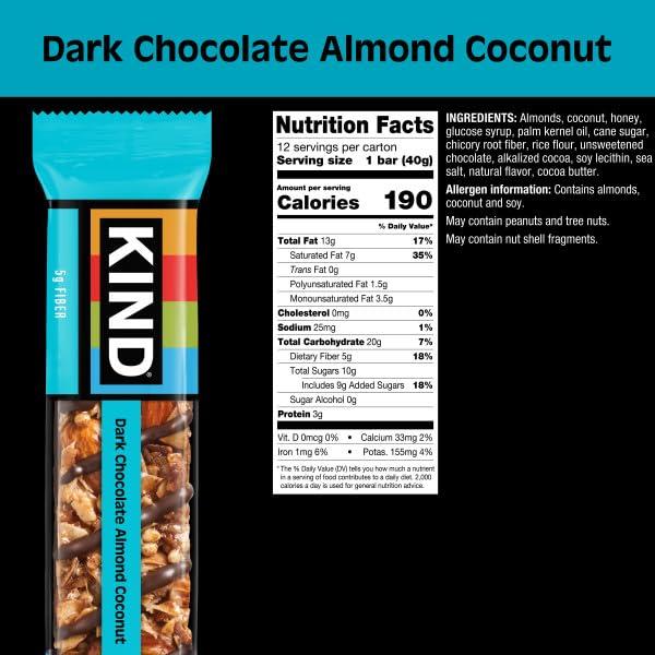image:imageKIND Healthy Snacks Bars Dark Chocolate Almond Coconut Gluten Free High Fiber Snacks 3g Protein 24 CountDark Chocolate Almond Coconut