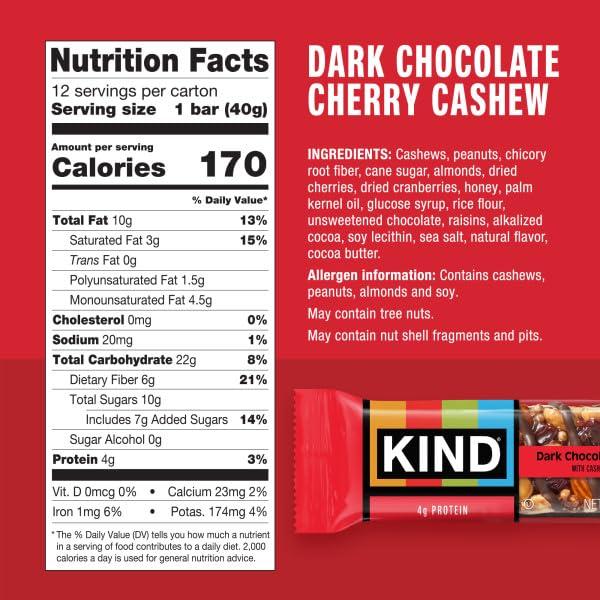 image:imageKIND Healthy Snacks Bars Dark Chocolate Cherry Cashew Gluten Free High Fiber Snacks 4g Protein 12 CountDark Chocolate Cherry Cashew