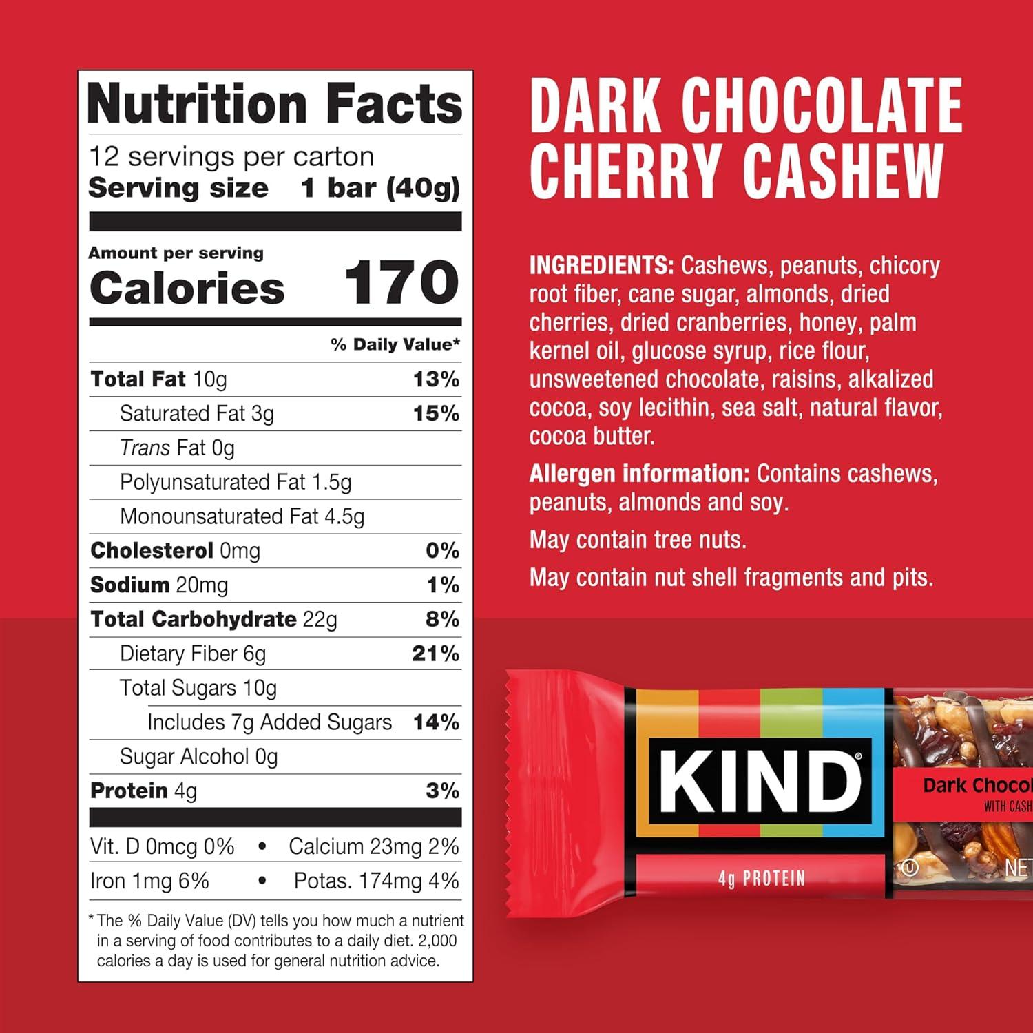 image:imageKIND Healthy Snacks Bars Dark Chocolate Cherry Cashew Gluten Free High Fiber Snacks 4g Protein 12 CountDark Chocolate Cherry Cashew