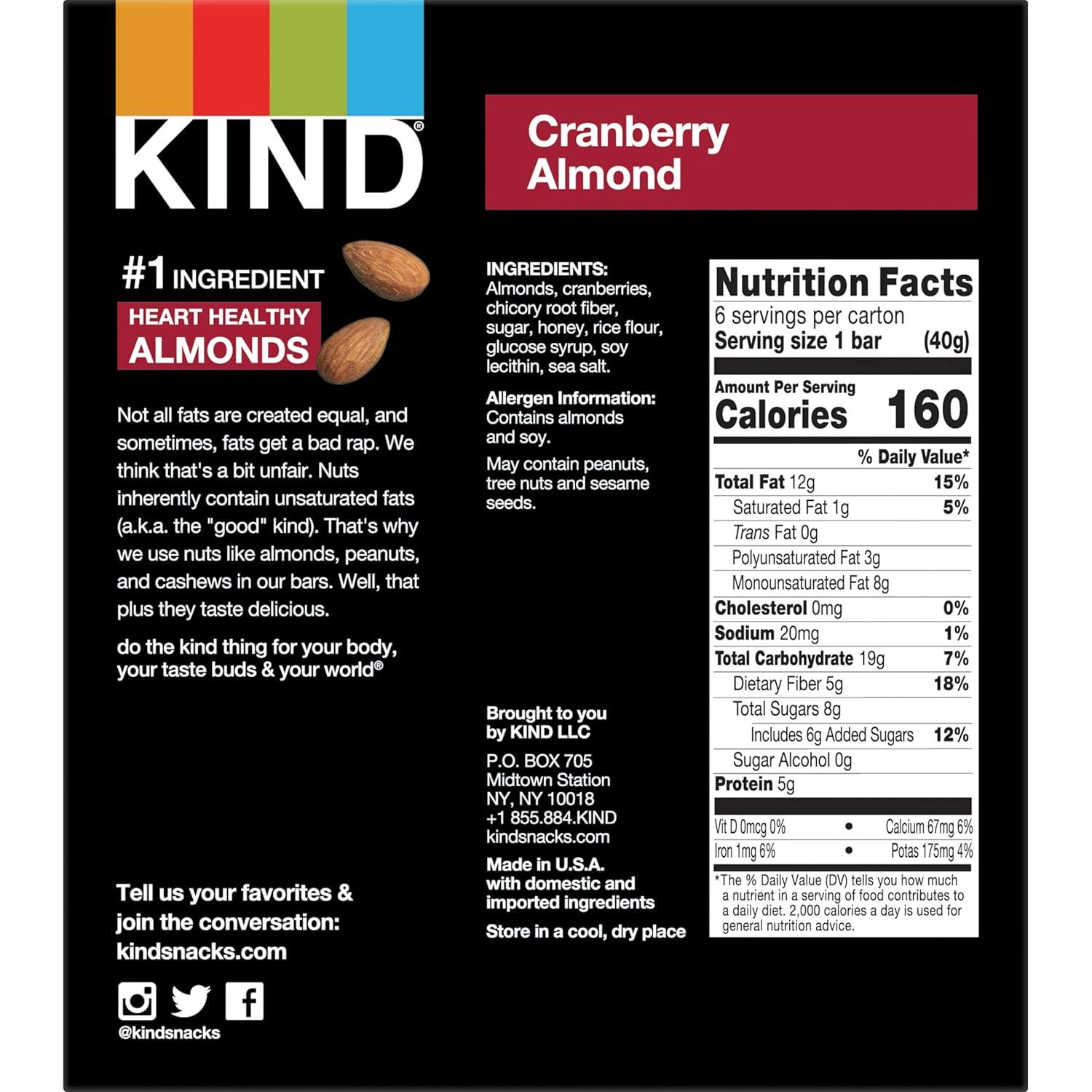 image:imageKIND Healthy Snacks Bars Peanut Butter Dark Chocolate Gluten Free Low Sodium Snacks 7g Protein 6 CountCranberry Almond