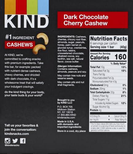 image:imageKIND Healthy Snacks Bars Peanut Butter Dark Chocolate Gluten Free Low Sodium Snacks 7g Protein 6 CountDark Chocolate Cherry Cashew
