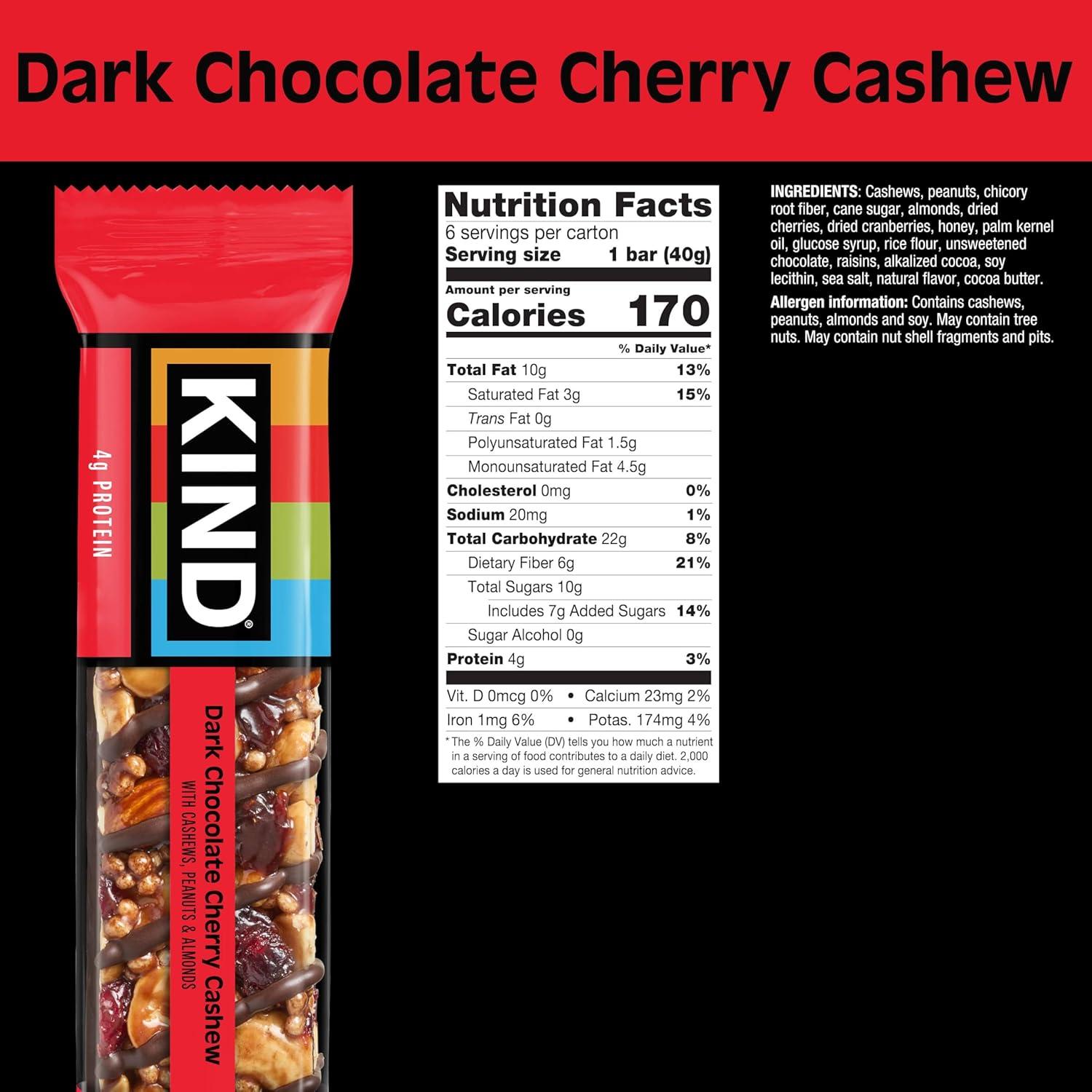 image:imageKIND Healthy Snacks Bars Peanut Butter Dark Chocolate Gluten Free Low Sodium Snacks 7g Protein 6 CountDark Chocolate Cherry Cashew