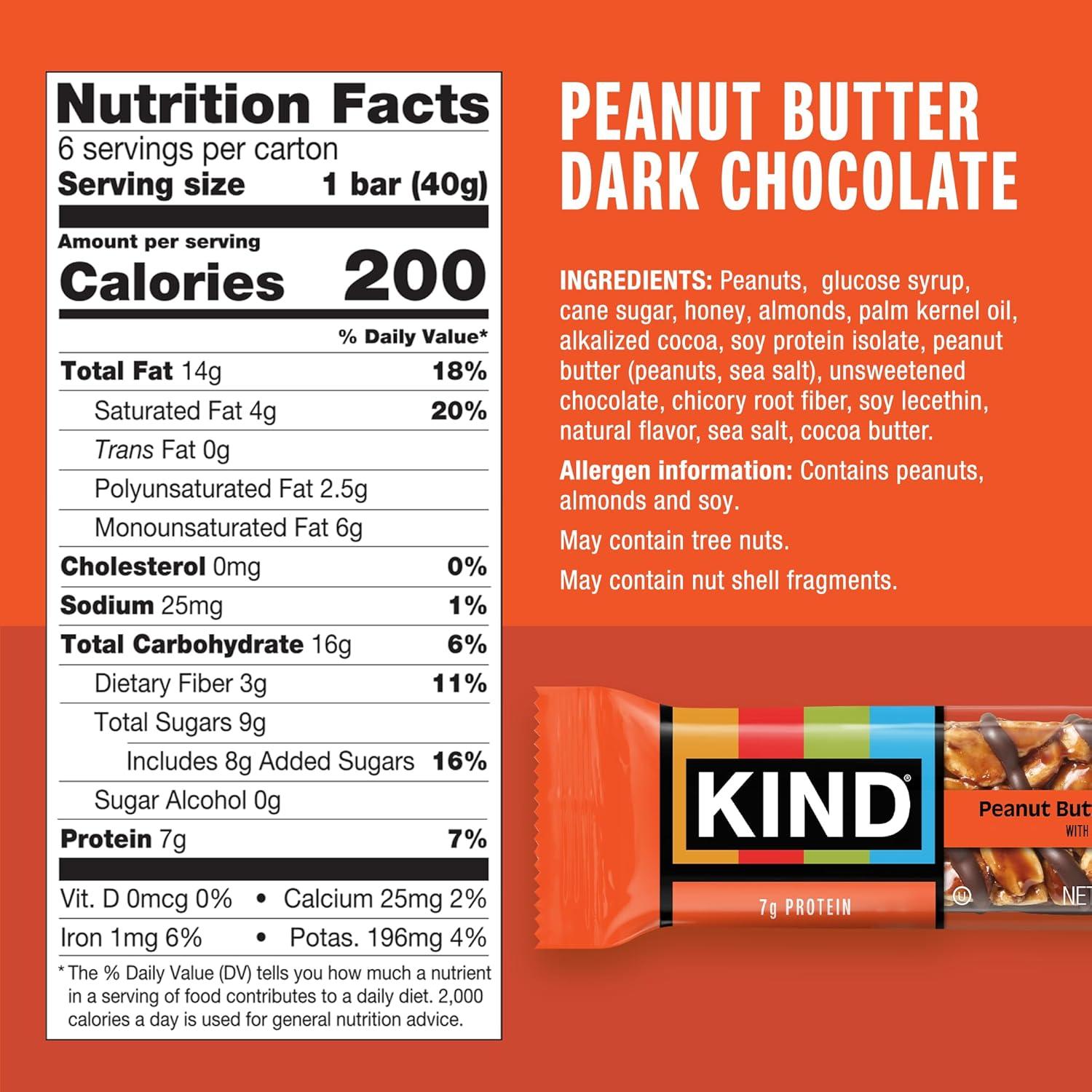 image:imageKIND Healthy Snacks Bars Peanut Butter Dark Chocolate Gluten Free Low Sodium Snacks 7g Protein 6 CountPeanut Butter Dark Chocolate