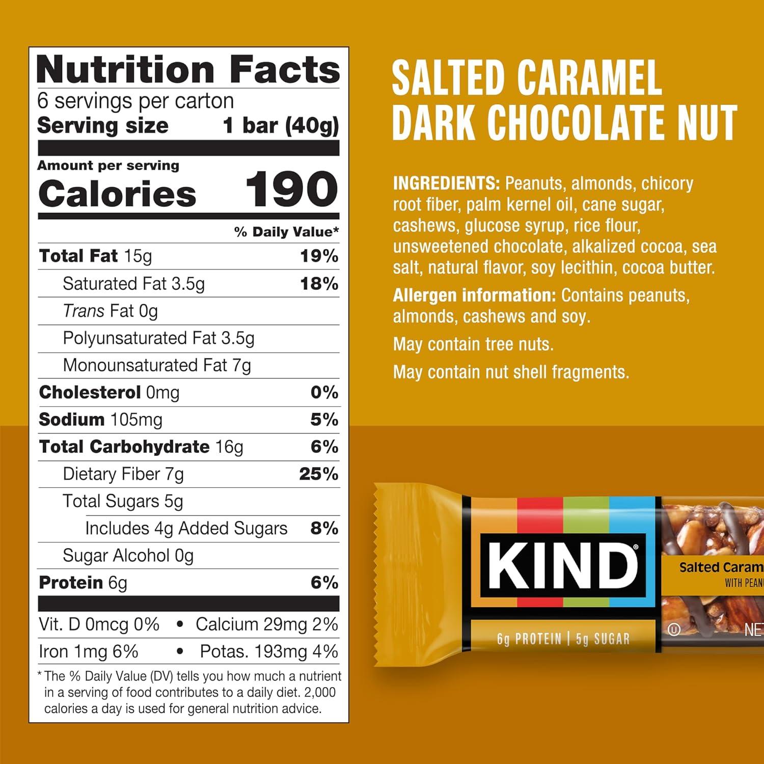image:imageKIND Healthy Snacks Bars Salted Caramel Dark Chocolate Nut Gluten Free Low Sugar High Fiber Snacks 6g Protein 6 Count