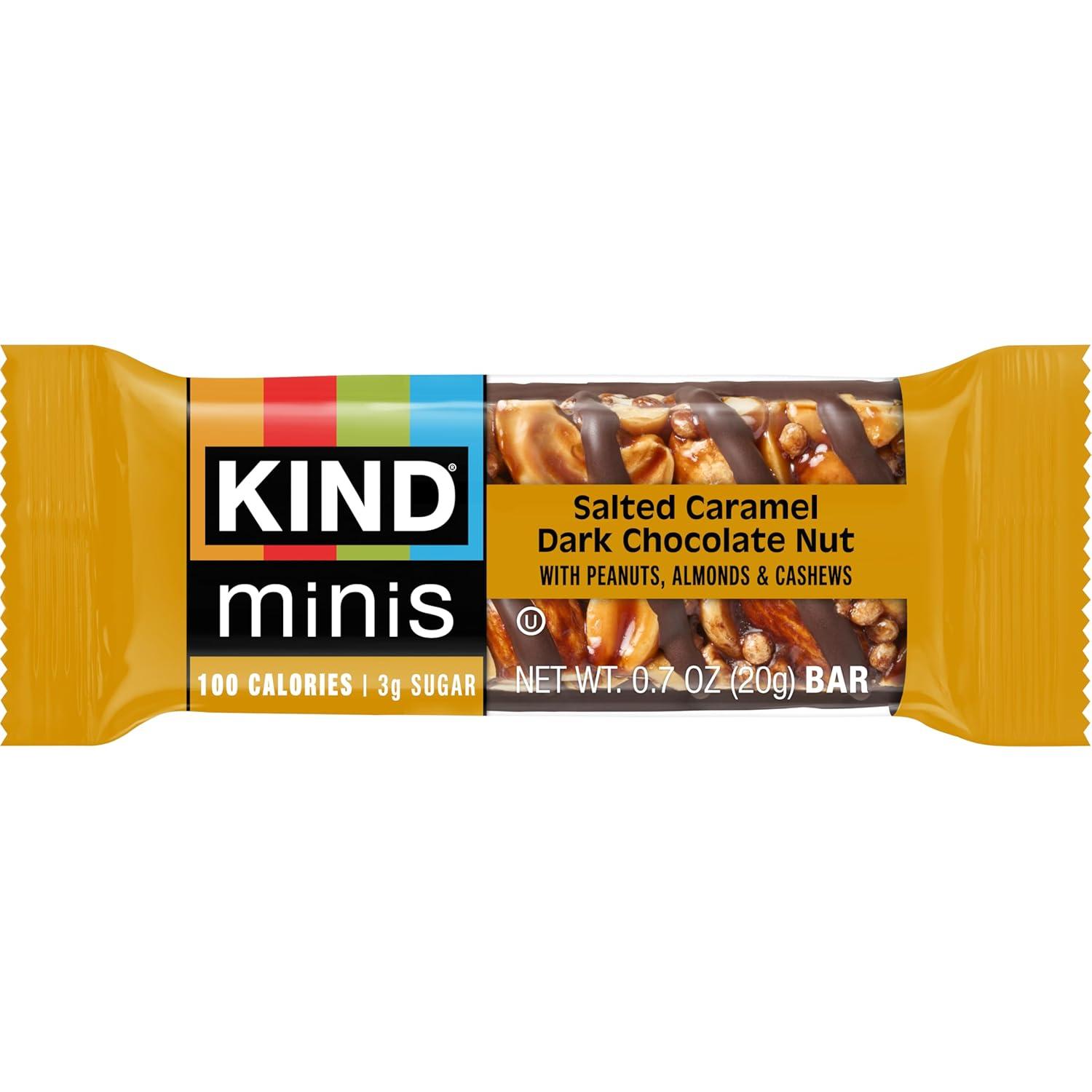 image:imageKIND Mini Snack Bars Variety Pack Gluten Free Low Sugar Low Calorie Snacks Dark Chocolate Nuts amp Sea Salt Caramel Almond amp Sea Salt Dark Chocolate Cherry Cashew 80 CountSalted Caramel Dark Chocolate Nut Dark Chocolate Almond Coconut