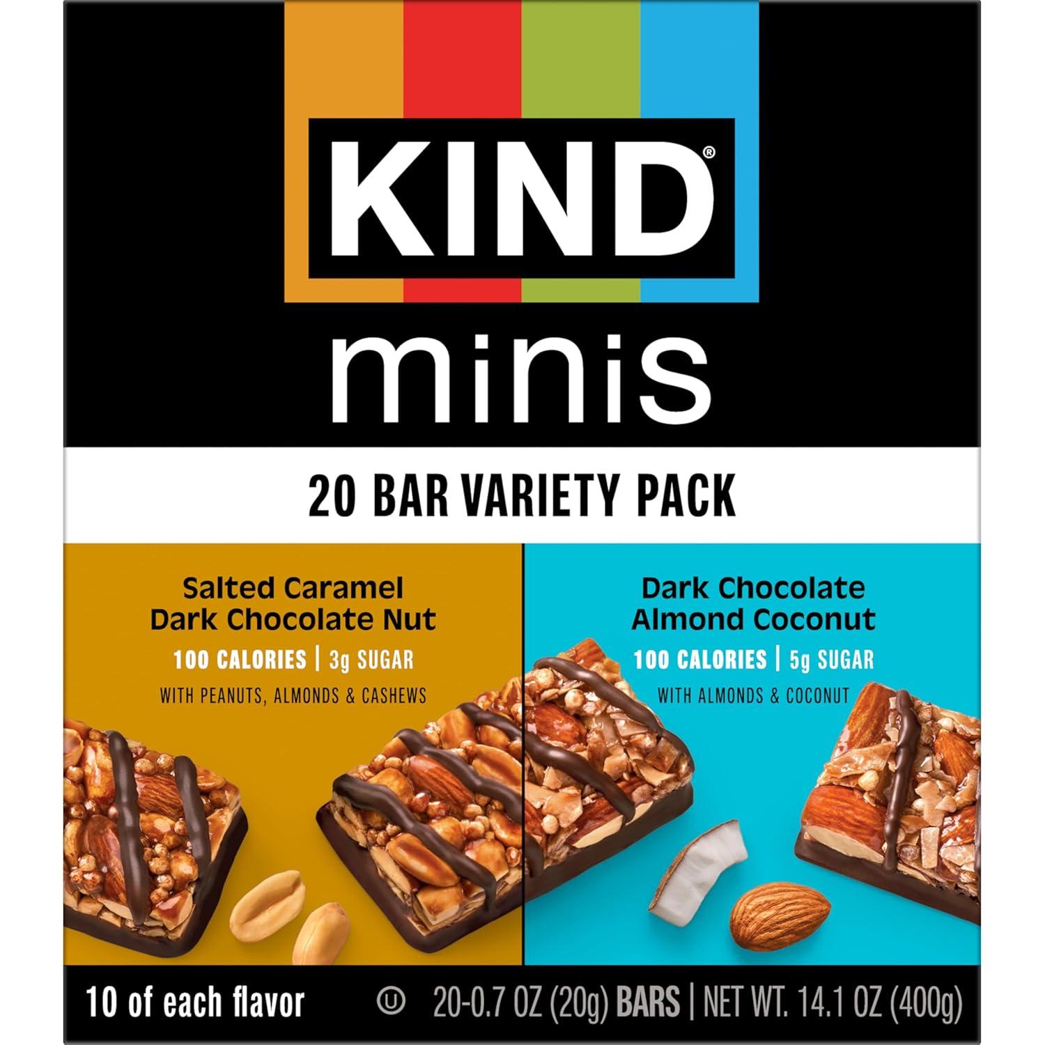 image:imageKIND Mini Snack Bars Variety Pack Gluten Free Low Sugar Low Calorie Snacks Dark Chocolate Nuts amp Sea Salt Caramel Almond amp Sea Salt Dark Chocolate Cherry Cashew 80 CountSalted Caramel Dark Chocolate Nut Dark Chocolate Almond Coconut