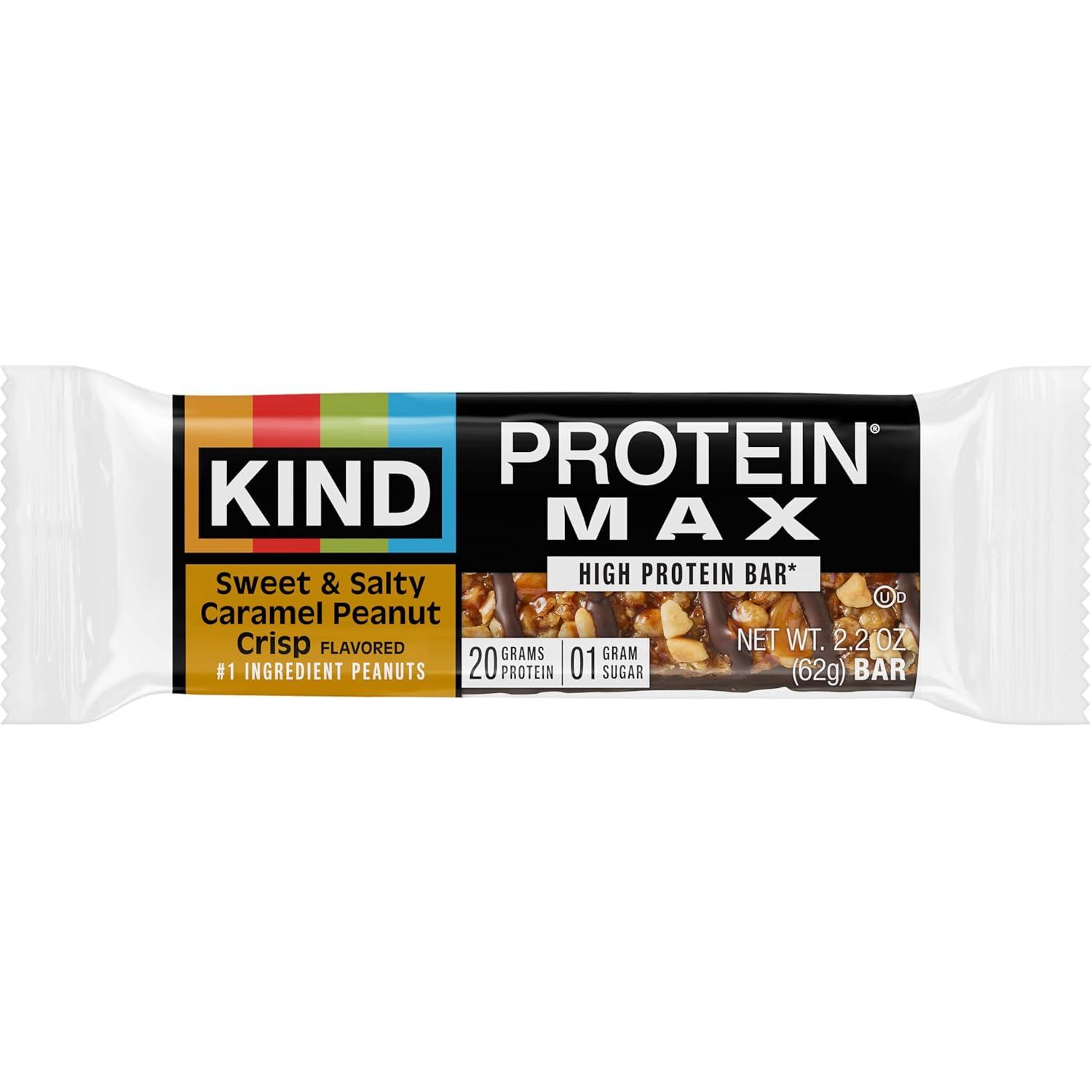 image:imageKIND Protein MAX Crispy Chocolate Peanut Butter Snack Bars 20g of Protein Keto Friendly 1g of Sugar Per Bar Gluten Free 12 Count BoxSweet Salty Caramel Peanut Crisp