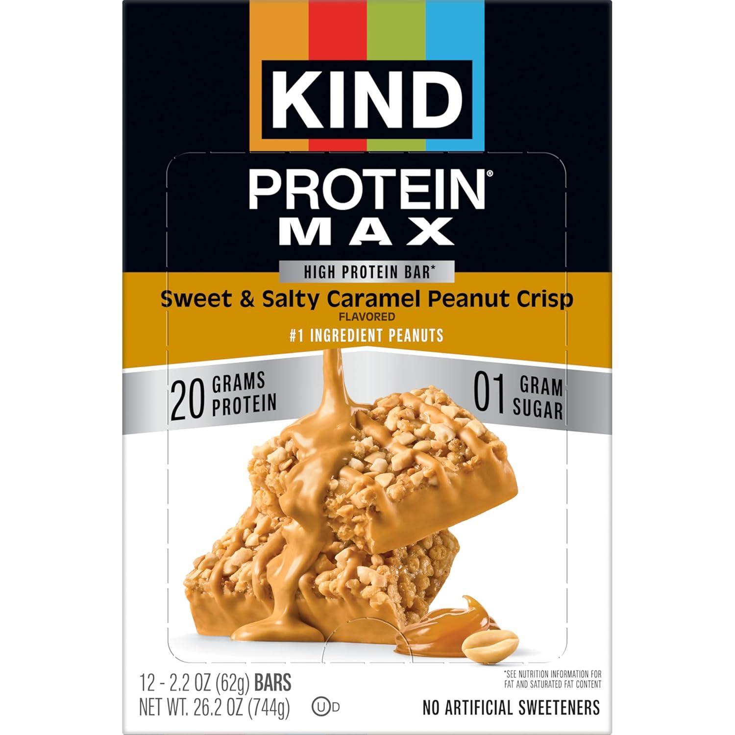 image:imageKIND Protein MAX Crispy Chocolate Peanut Butter Snack Bars 20g of Protein Keto Friendly 1g of Sugar Per Bar Gluten Free 12 Count BoxSweet Salty Caramel Peanut Crisp