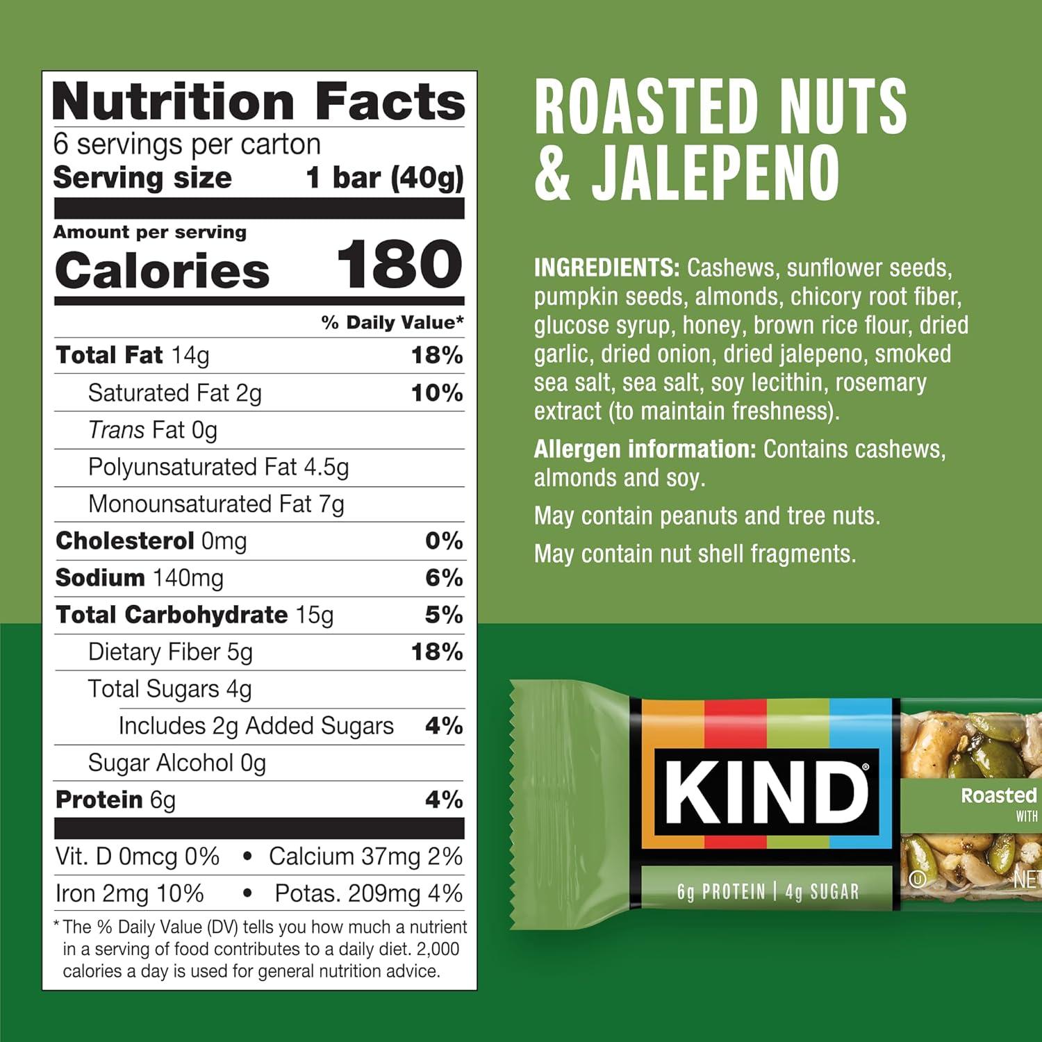 image:imageKIND Savory Nut Bars Roasted Nuts amp Jalapeno Good Source of Fiber Gluten Free Low Sugar 6g Protein 6 Count