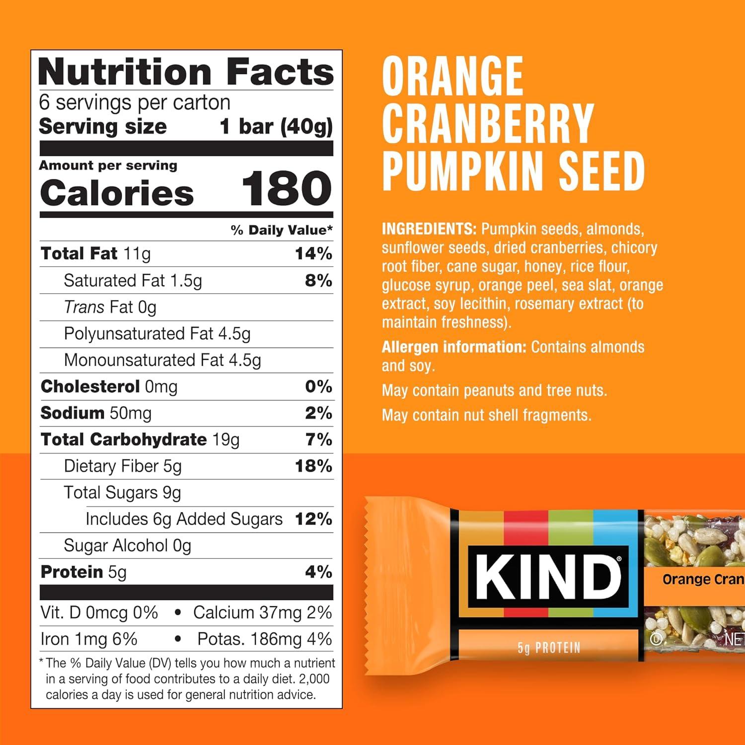 image:imageKIND Seeds Fruit amp Nuts Snack Bar Orange Cranberry 5g Protein High Fiber Gluten Free Bars 14 OZ 6 CountOrange