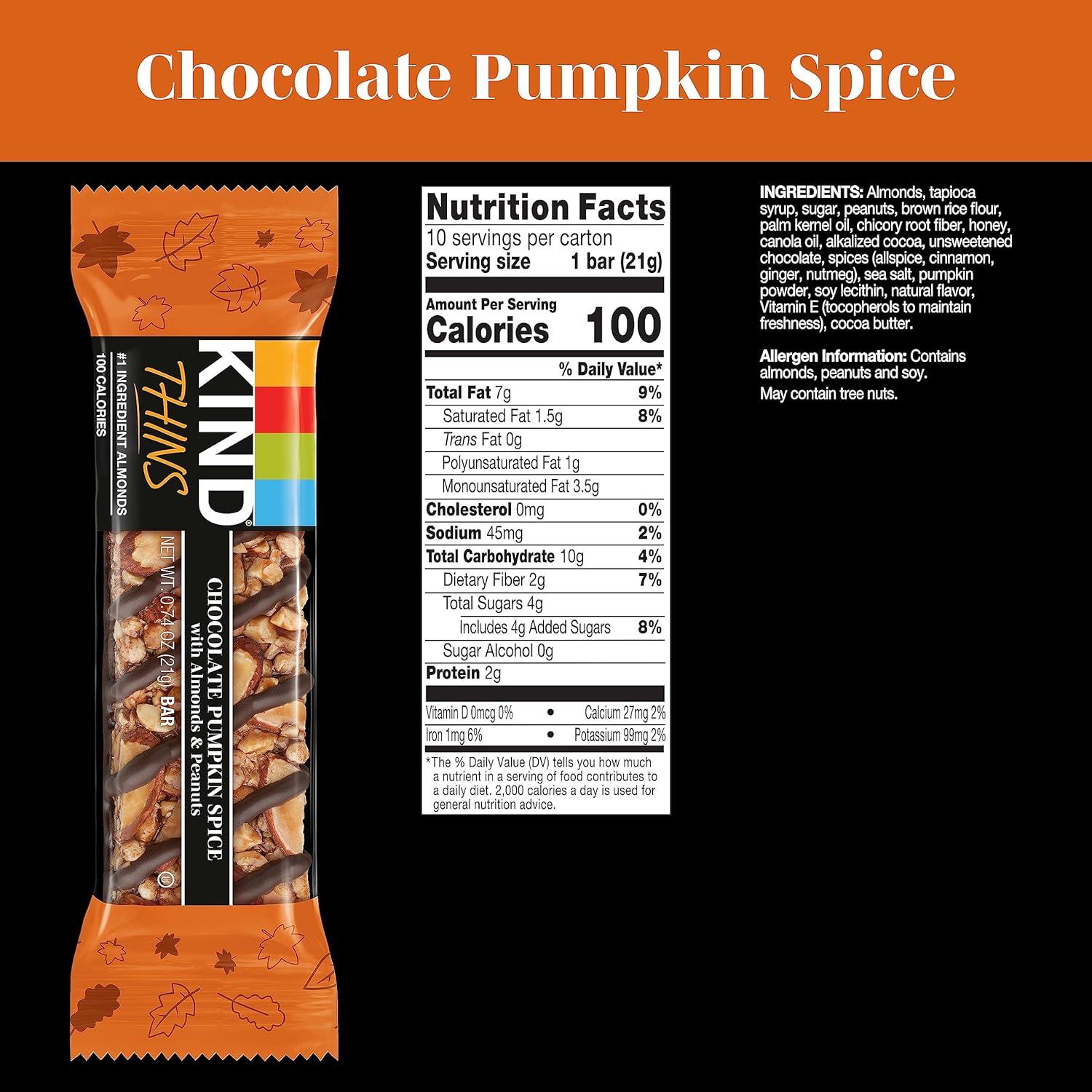 image:imageKIND Thins Snack Bars Dark Chocolate Nuts amp Sea Salt Gluten Free Low Calorie Healthy Snacks 4g Sugar 60 CountChocolate Pumpkin Spice