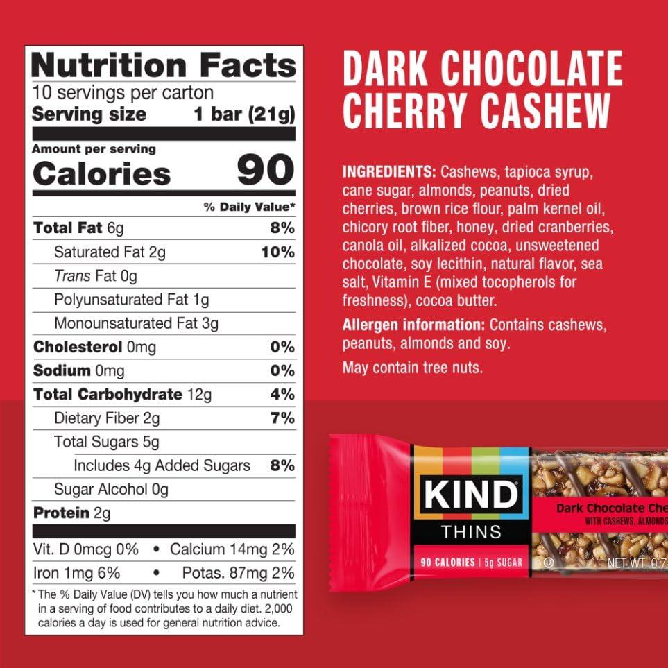 image:imageKIND Thins Snack Bars Dark Chocolate Nuts amp Sea Salt Gluten Free Low Calorie Healthy Snacks 4g Sugar 60 CountDark Chocolate Cherry Chashew