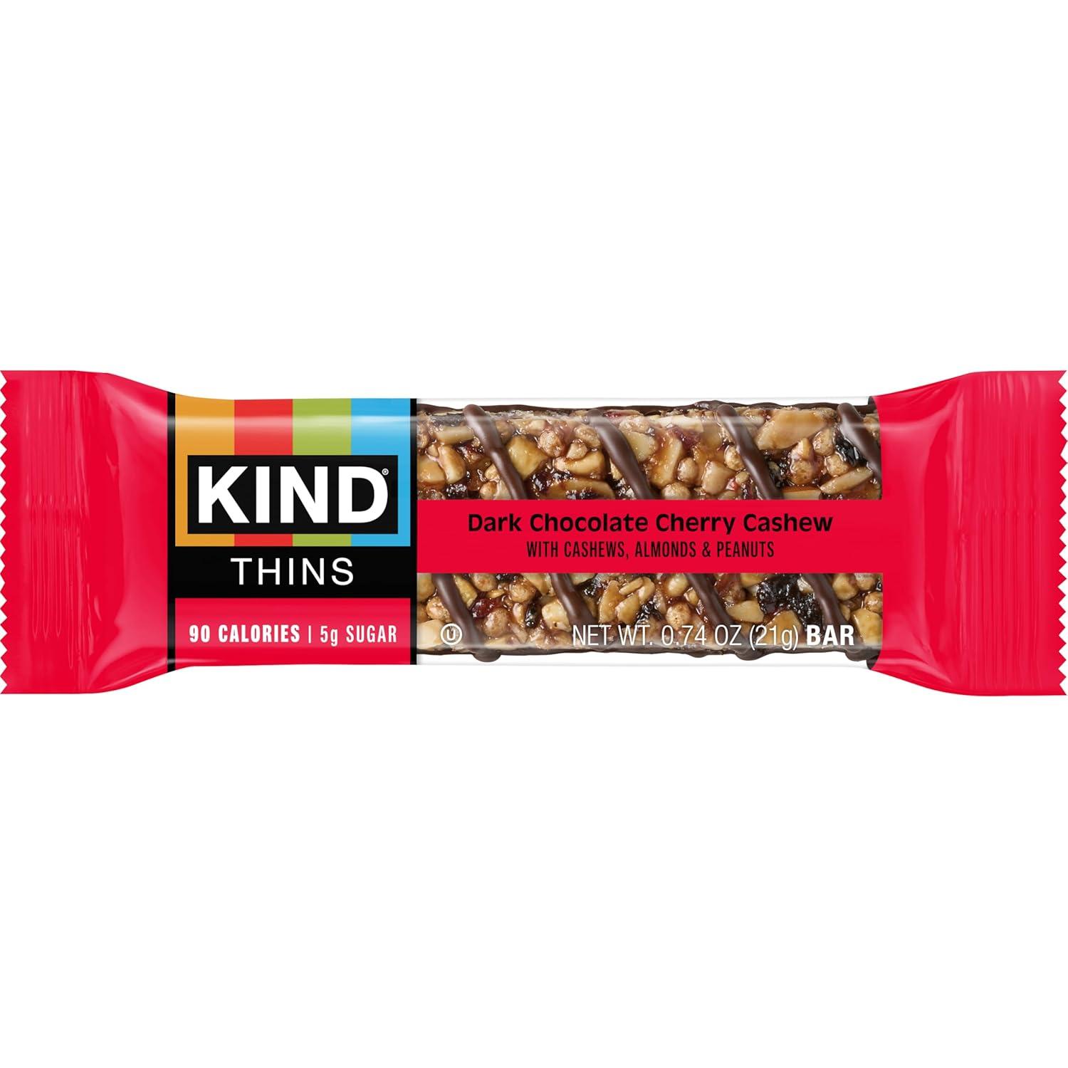 image:imageKIND Thins Snack Bars Dark Chocolate Nuts amp Sea Salt Gluten Free Low Calorie Healthy Snacks 4g Sugar 60 CountDark Chocolate Cherry Chashew