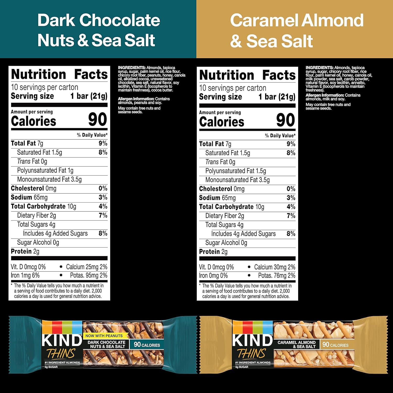 image:imageKIND Thins Snack Bars Variety Pack Gluten Free Low Calorie Healthy Snacks Dark Chocolate Nuts amp Sea Salt Caramel Almond amp Sea Salt 4g Sugar 20 Count20 Count Pack of 2