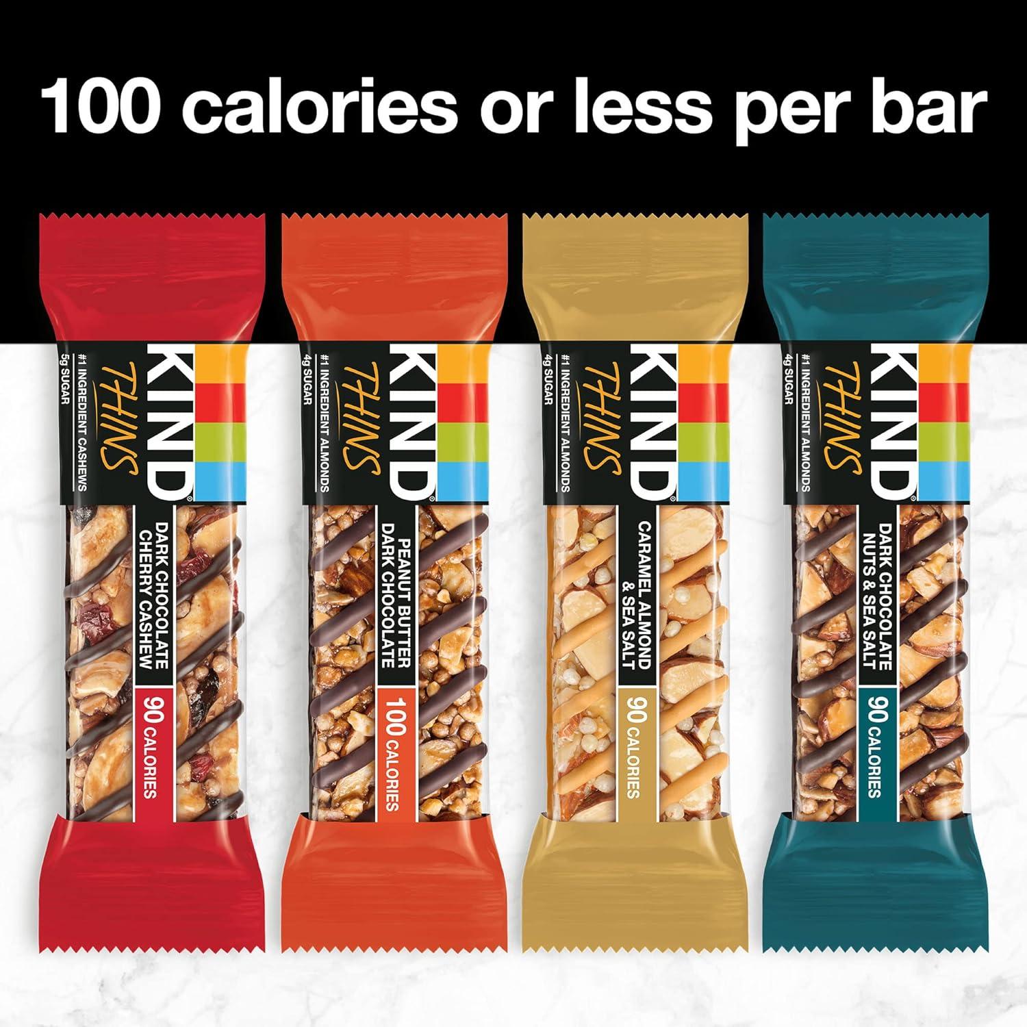 image:imageKIND Thins Snack Bars Variety Pack Gluten Free Low Calorie Healthy Snacks Dark Chocolate Nuts amp Sea Salt Caramel Almond amp Sea Salt 4g Sugar 20 Count20 Count Pack of 2