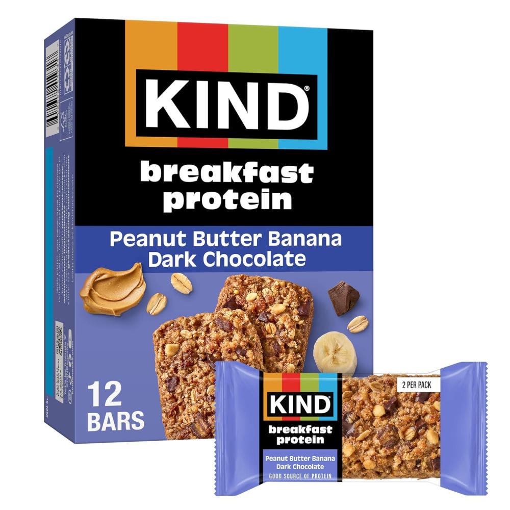 image:imageKIND Breakfast Protein Bars Dark Chocolate Cocoa Gluten Free Low Sodium Healthy Snacks 8g Protein 6 Count 6 Packs of 2 BarsPeanut Butter Banana Dark Chocolate