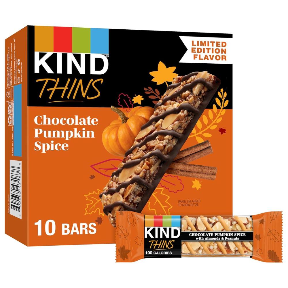 image:imageKIND Thins Snack Bars Dark Chocolate Nuts amp Sea Salt Gluten Free Low Calorie Healthy Snacks 4g Sugar 10 CountChocolate Pumpkin Spice