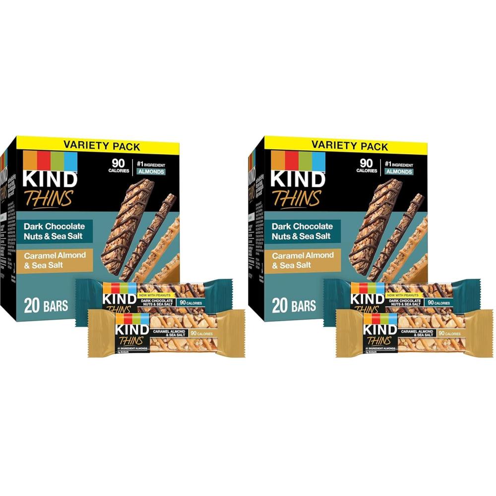 image:imageKIND Thins Snack Bars Variety Pack Gluten Free Low Calorie Healthy Snacks Dark Chocolate Nuts amp Sea Salt Caramel Almond amp Sea Salt 4g Sugar 20 Count20 Count Pack of 2