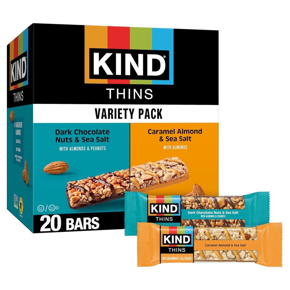 image:imageKIND Thins Snack Bars Variety Pack Gluten Free Low Calorie Healthy Snacks Dark Chocolate Nuts amp Sea Salt Caramel Almond amp Sea Salt 4g Sugar 20 Count20 Count Pack of 1