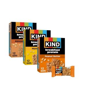 image:imageKIND Breakfast Protein Bars Variety Pack Gluten Free Low Sodium Healthy Snacks Peanut Butter Honey Oat Almond Butter 8g Protein 18 Count 18 Packs of 2 Bars