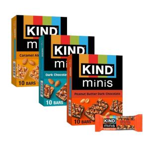 image:imageKIND Mini Snack Bars Variety Pack Gluten Free Low Sugar Low Calorie Snacks Dark Chocolate Nuts amp Sea Salt Peanut Butter Dark Chocolate Caramel Almond amp Sea Salt 30 Count07 Ounce Pack of 30