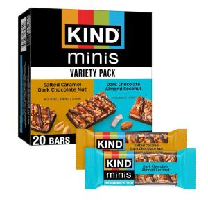image:imageKIND Mini Snack Bars Variety Pack Gluten Free Low Sugar Low Calorie Snacks Salted Caramel Dark Chocolate Nut Dark Chocolate Almond Coconut 20 CountSalted Caramel Dark Chocolate Nut Dark Chocolate Almond Coconut