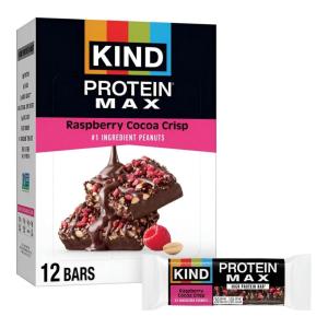image:imageKIND Protein MAX Crispy Chocolate Peanut Butter Snack Bars 20g of Protein Keto Friendly 1g of Sugar Per Bar Gluten Free 12 Count BoxRaspberry Cocoa Crisp