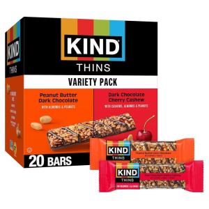 image:imageKIND Thins Snack Bars Variety Pack Gluten Free Low Calorie Healthy Snacks Peanut Butter Dark Chocolate Dark Chocolate Cherry Cashew 45g Sugar 20 Count20 Count Pack of 1