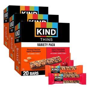 image:imageKIND Thins Snack Bars Variety Pack Gluten Free Low Calorie Healthy Snacks Peanut Butter Dark Chocolate Dark Chocolate Cherry Cashew 45g Sugar 20 Count20 Count Pack of 3