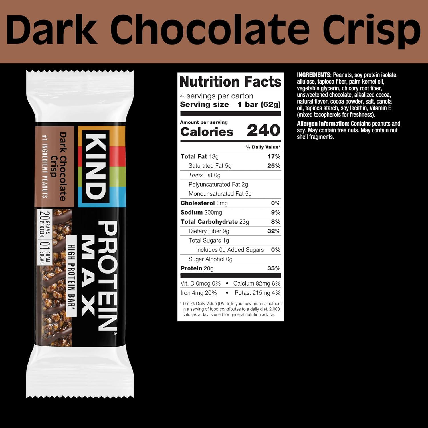 image:imageKIND Protein MAX Bars Variety Pack Gluten Free Low Sugar High Fiber Snacks Crispy Chocolate Peanut Butter Sweet amp Salty Caramel Peanut Raspberry Cocoa Dark Chocolate 20g Protein 12 Count