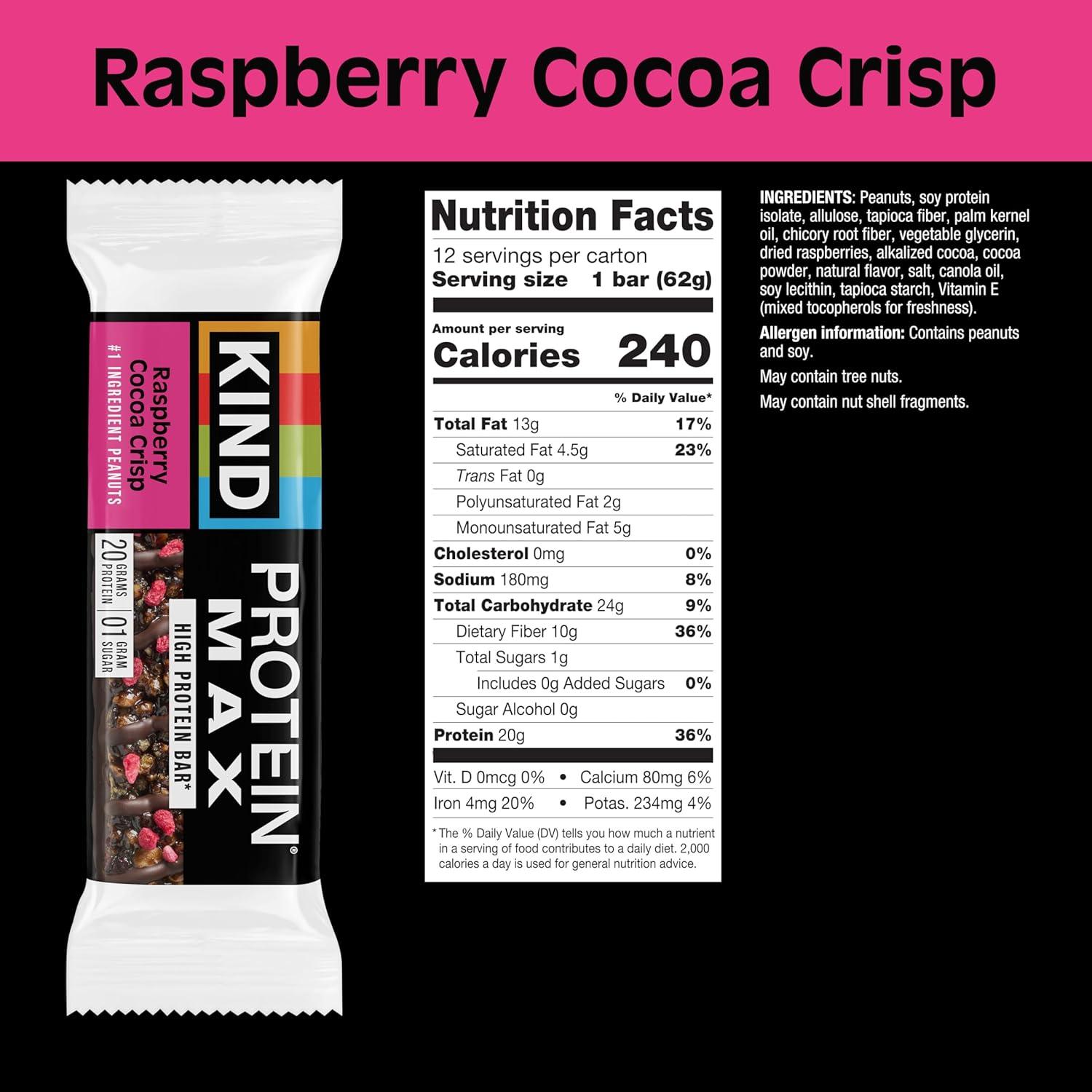 image:imageKIND Protein MAX Bars Variety Pack Gluten Free Low Sugar High Fiber Snacks Crispy Chocolate Peanut Butter Sweet amp Salty Caramel Peanut Raspberry Cocoa Dark Chocolate 20g Protein 12 Count