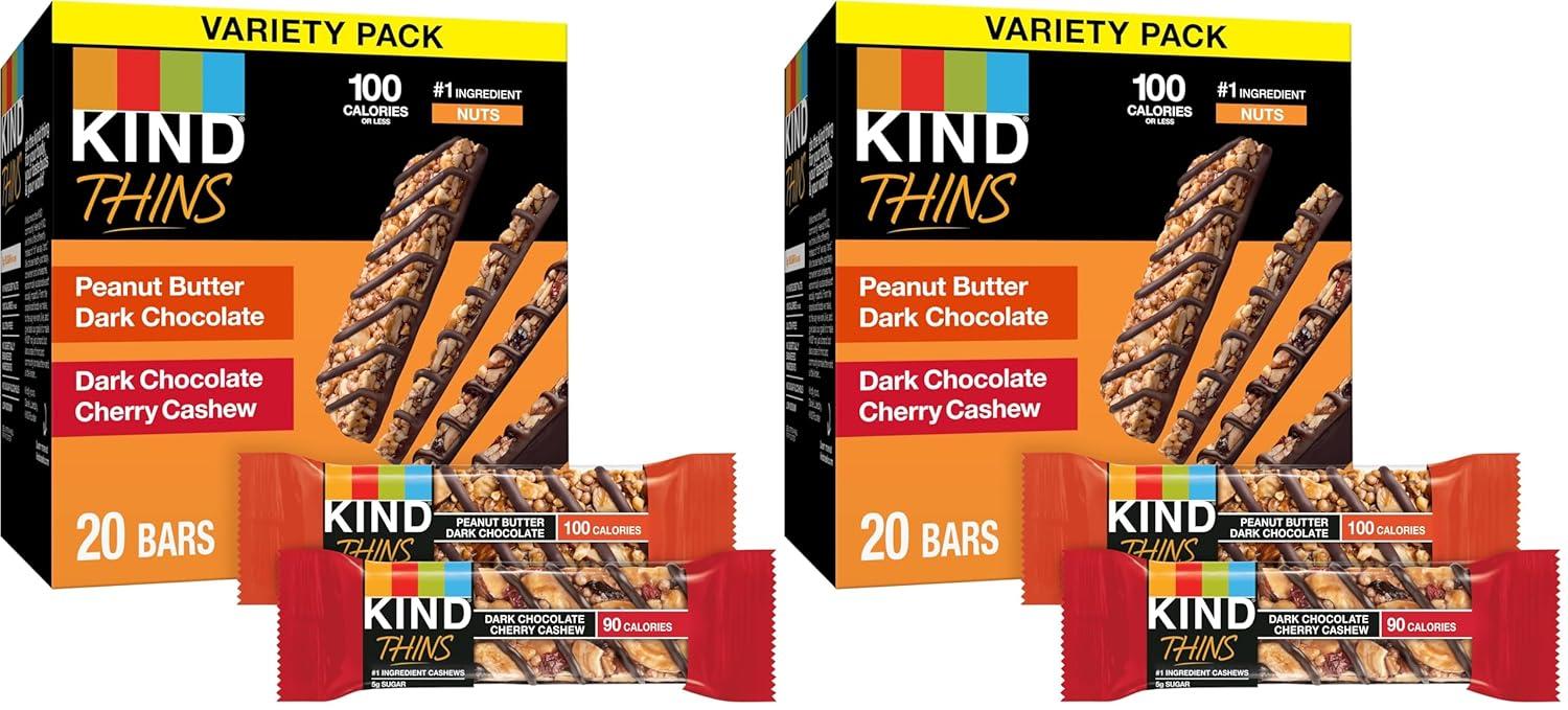 image:imageKIND Thins Snack Bars 2 Flavor Variety Pack Gluten Free 100 Calorie 60 Count Peanut Butter Dark Chocolate amp Dark Chocolate Cherry CashewPeanut Butter Dark Chocolate Dark Chocolate Cherry Cashew