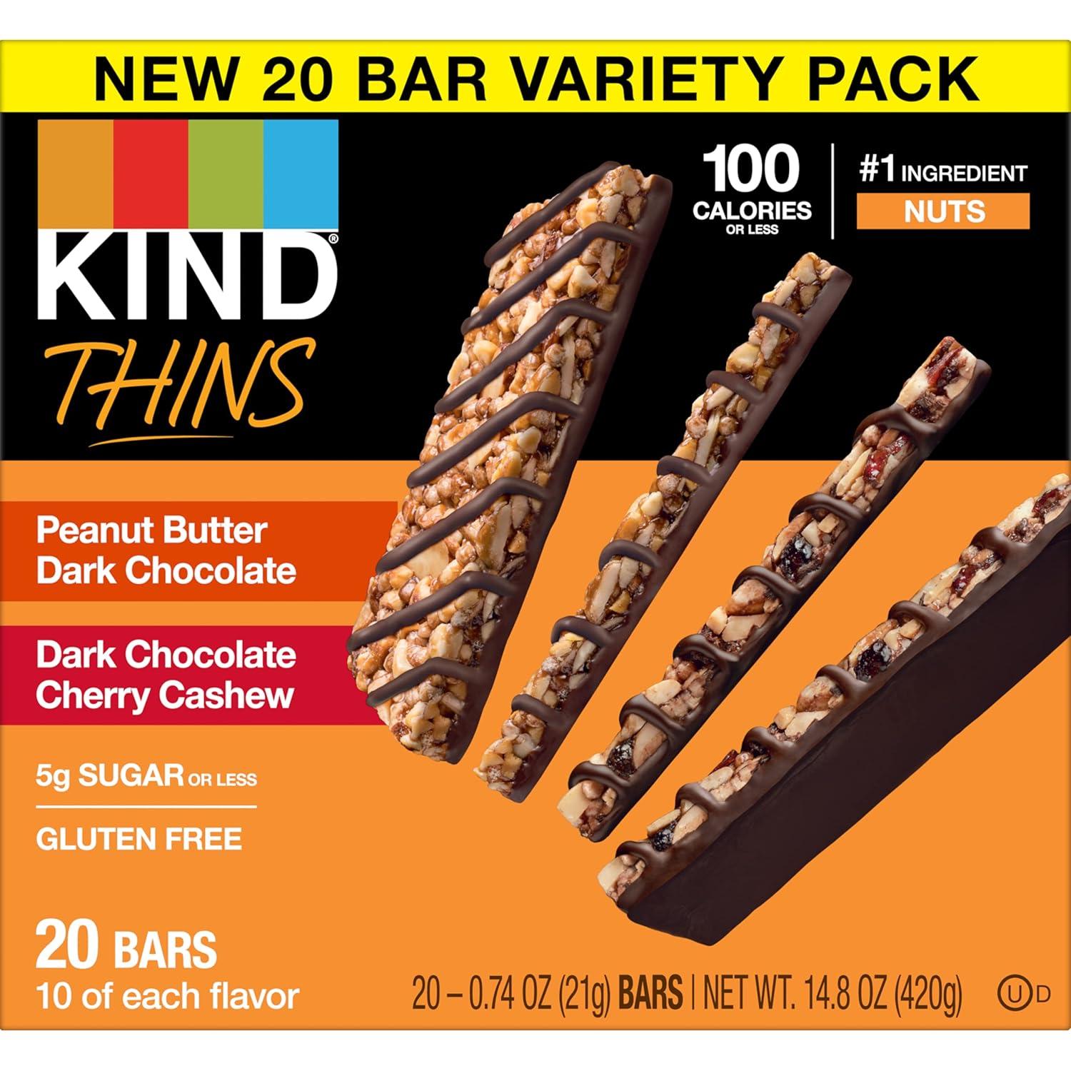 image:imageKIND Thins Snack Bars 2 Flavor Variety Pack Gluten Free 100 Calorie 60 Count Peanut Butter Dark Chocolate amp Dark Chocolate Cherry CashewPeanut Butter Dark Chocolate Dark Chocolate Cherry Cashew