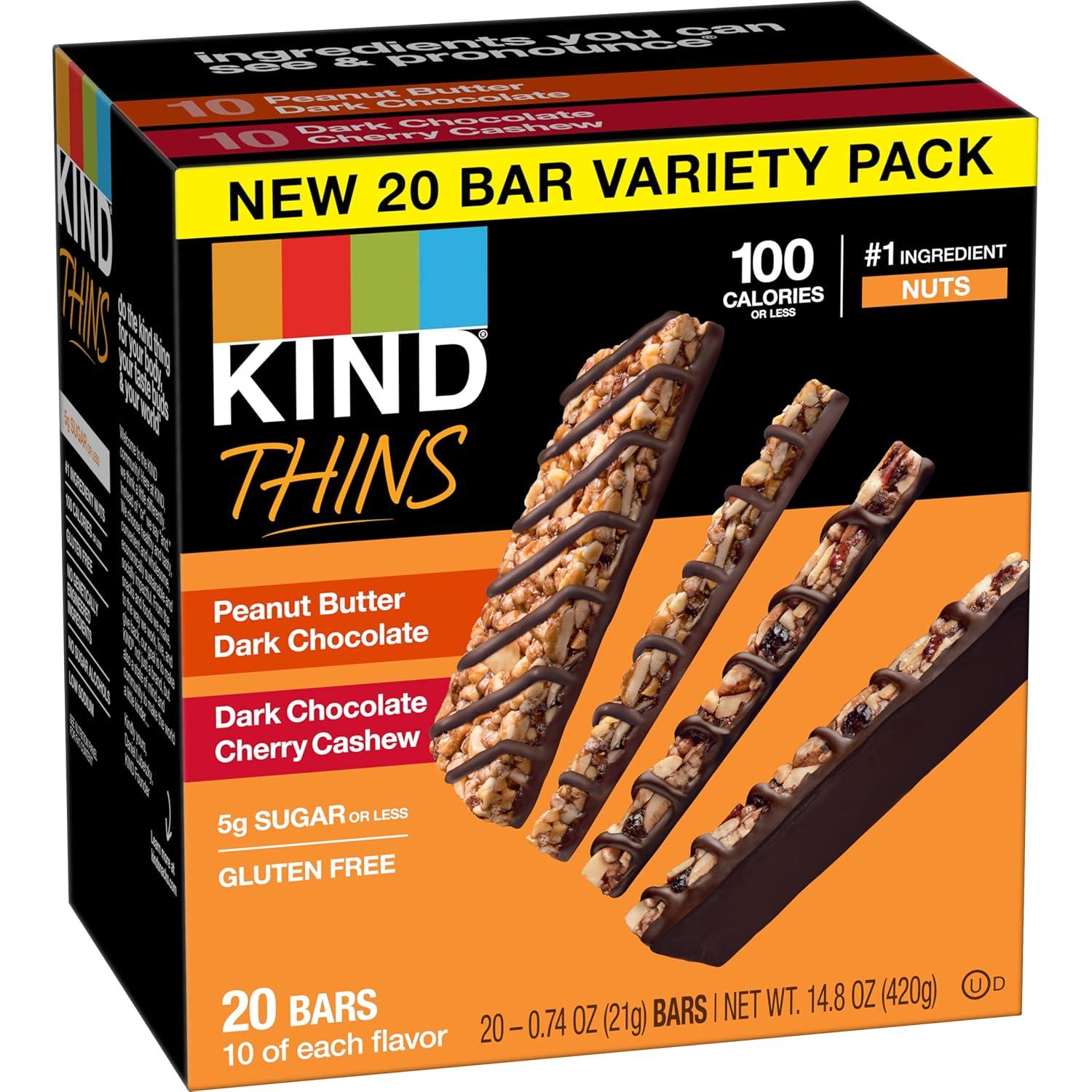 image:imageKIND Thins Snack Bars 2 Flavor Variety Pack Gluten Free 100 Calorie 60 Count Peanut Butter Dark Chocolate amp Dark Chocolate Cherry CashewPeanut Butter Dark Chocolate Dark Chocolate Cherry Cashew