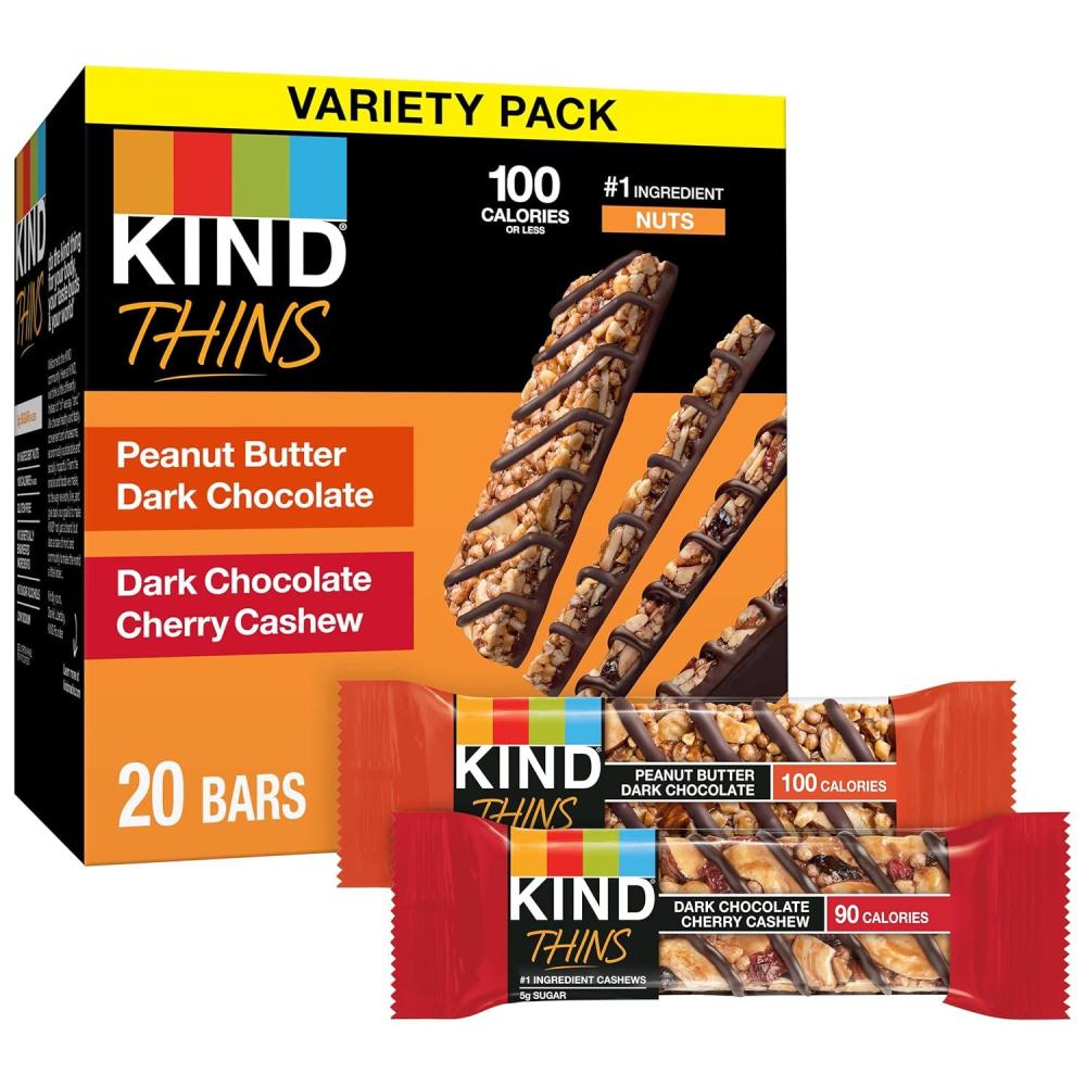 image:imageKIND Thins Snack Bars 2 Flavor Variety Pack Gluten Free 100 Calorie 60 Count Peanut Butter Dark Chocolate amp Dark Chocolate Cherry CashewPeanut Butter Dark Chocolate Dark Chocolate Cherry Cashew