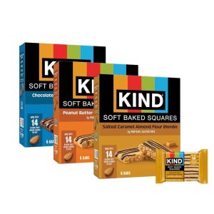 image:imageKIND Soft Baked Squares Variety Pack Gluten Free Healthy Snack Bars Chocolate Peanut Butter Salted Caramel Almond 5g Protein 18 Count
